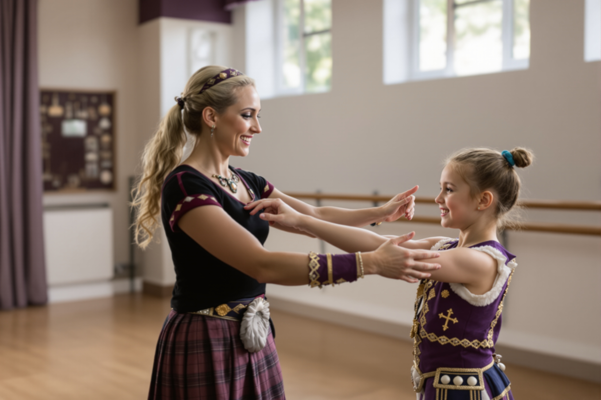 Highland dance instructor teaching a young student