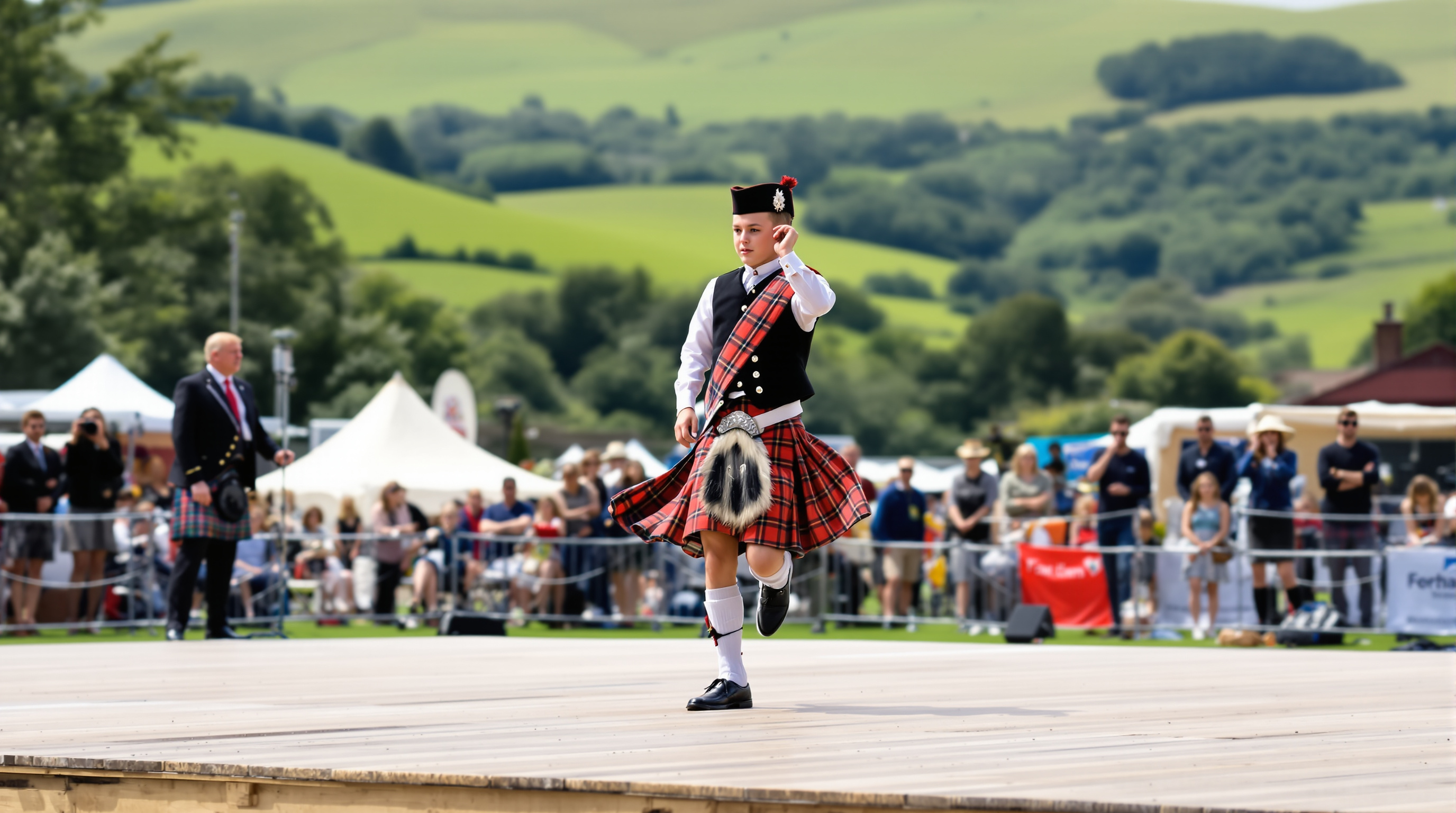 Young Highland dancer competing on a platform at a Highland Games