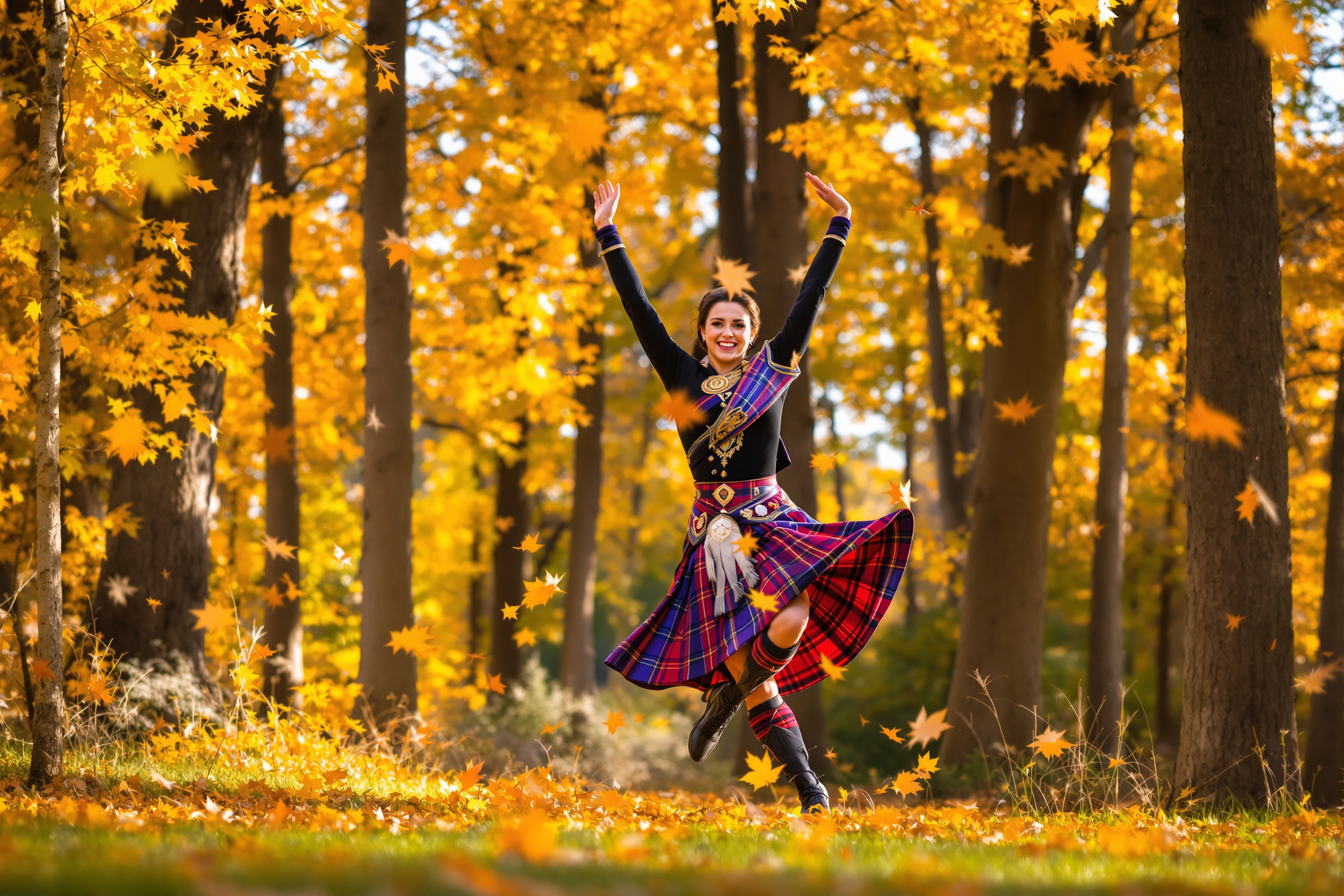 Highland dancer practicing outdoors in autumn