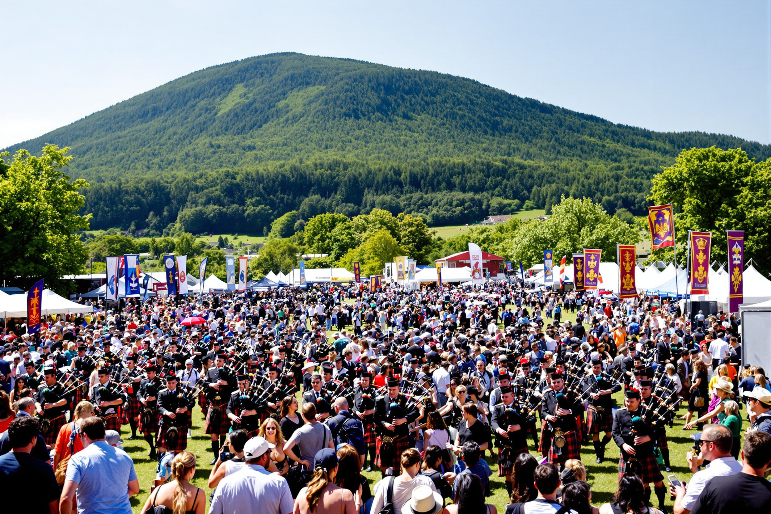 Highland Games festival with pipe bands and clan tents