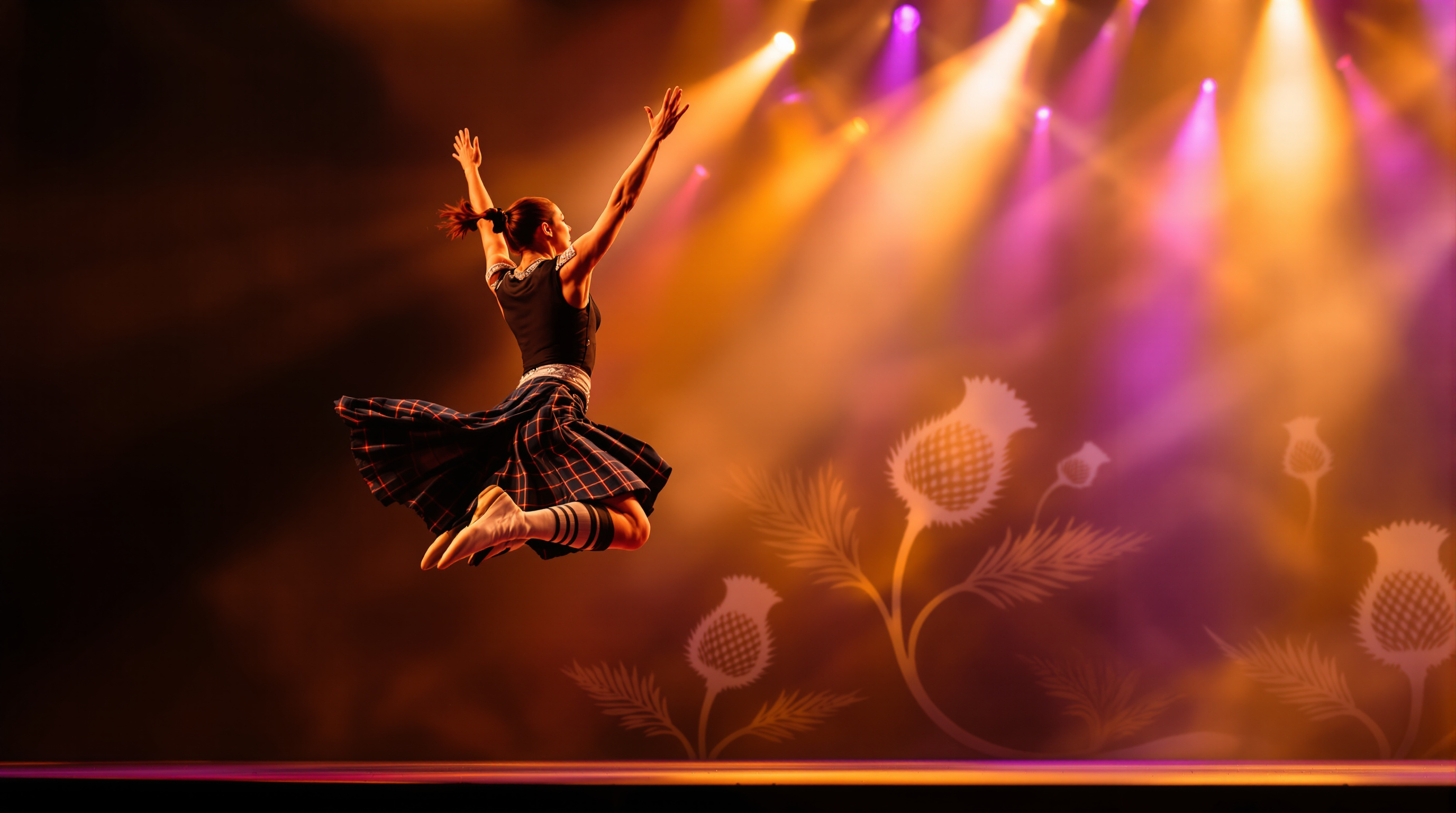 Scottish Highland dancer performing the Highland Fling in traditional kilt