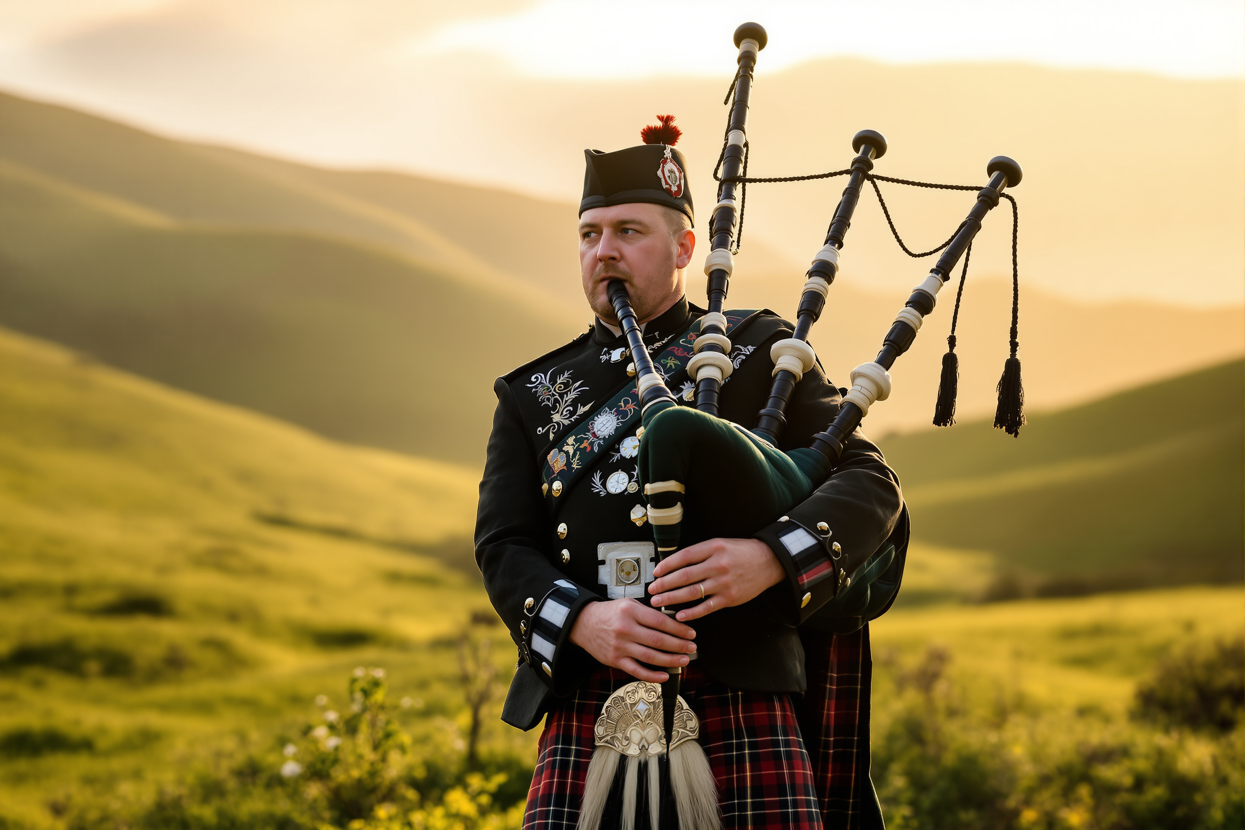 Highland piper playing the Great Highland Bagpipe