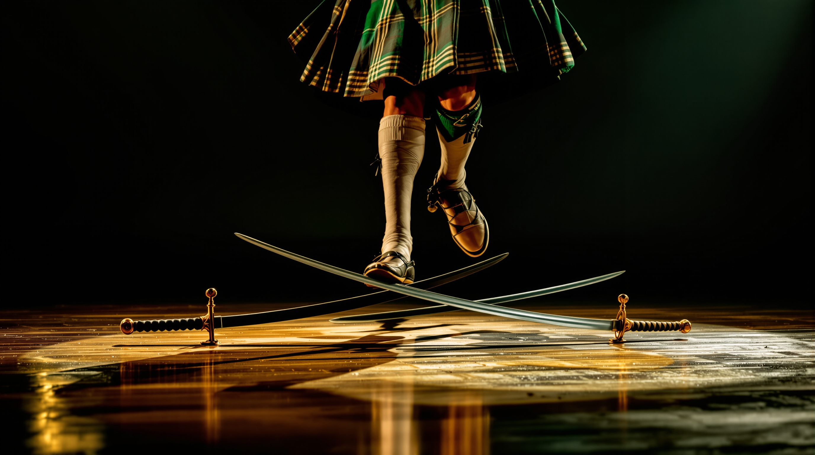 Highland dancer performing the sword dance over crossed swords