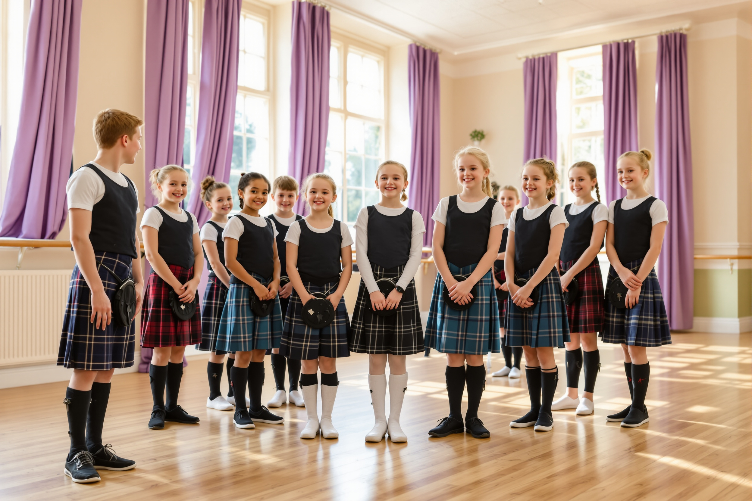 Young Highland dance students together in a bright studio