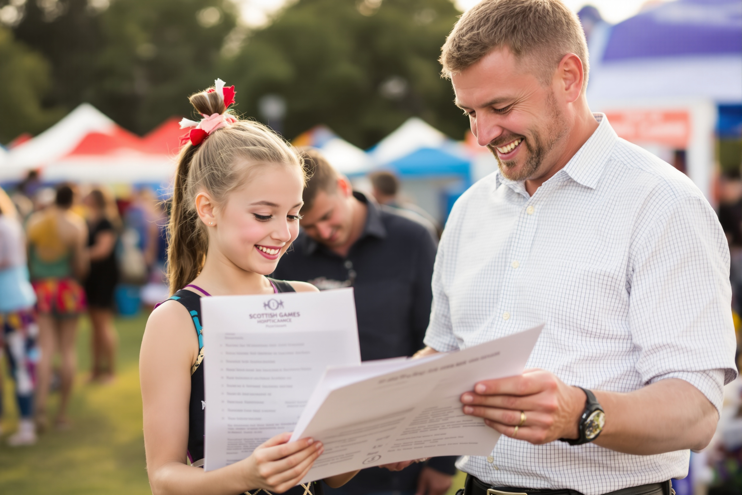 Dancer and parent reviewing a Highland Games competition program