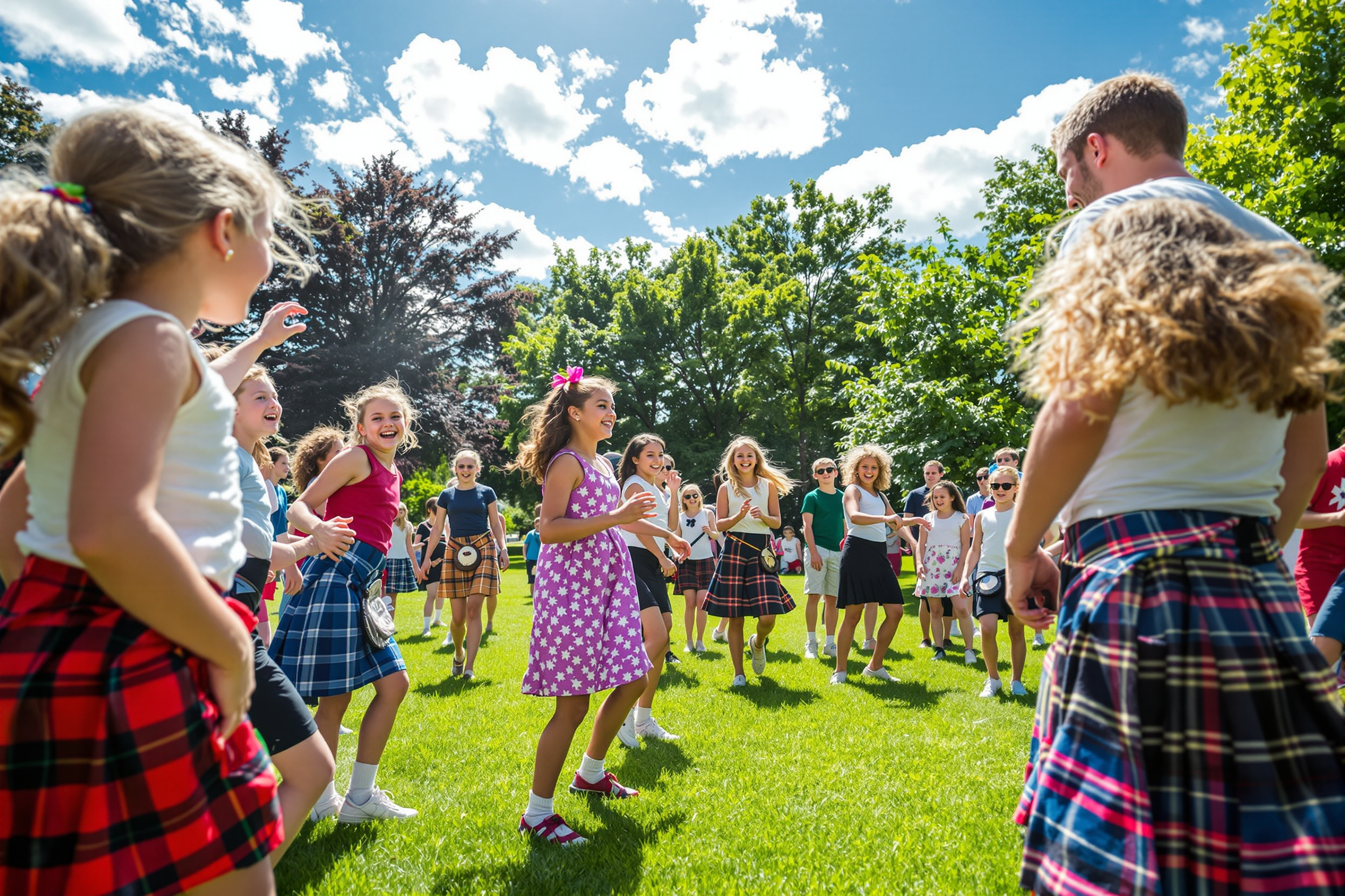 Children at a summer Highland dance camp practicing outdoors